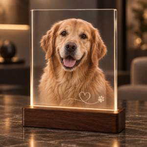 Luxe dierenherdenking met foto op plexiglas en donkerhouten LED-voet