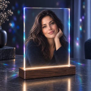 Luxe persoonlijk LED-portret met sprankelende blauwe en violette lichtaccenten